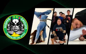 Promotional graphic for Higher Ground Brazilian Jiu-Jitsu featuring the gym's logo and action shots of students training, including a handstand, group photo, and grappling scene, set against a black background with green wave accents.