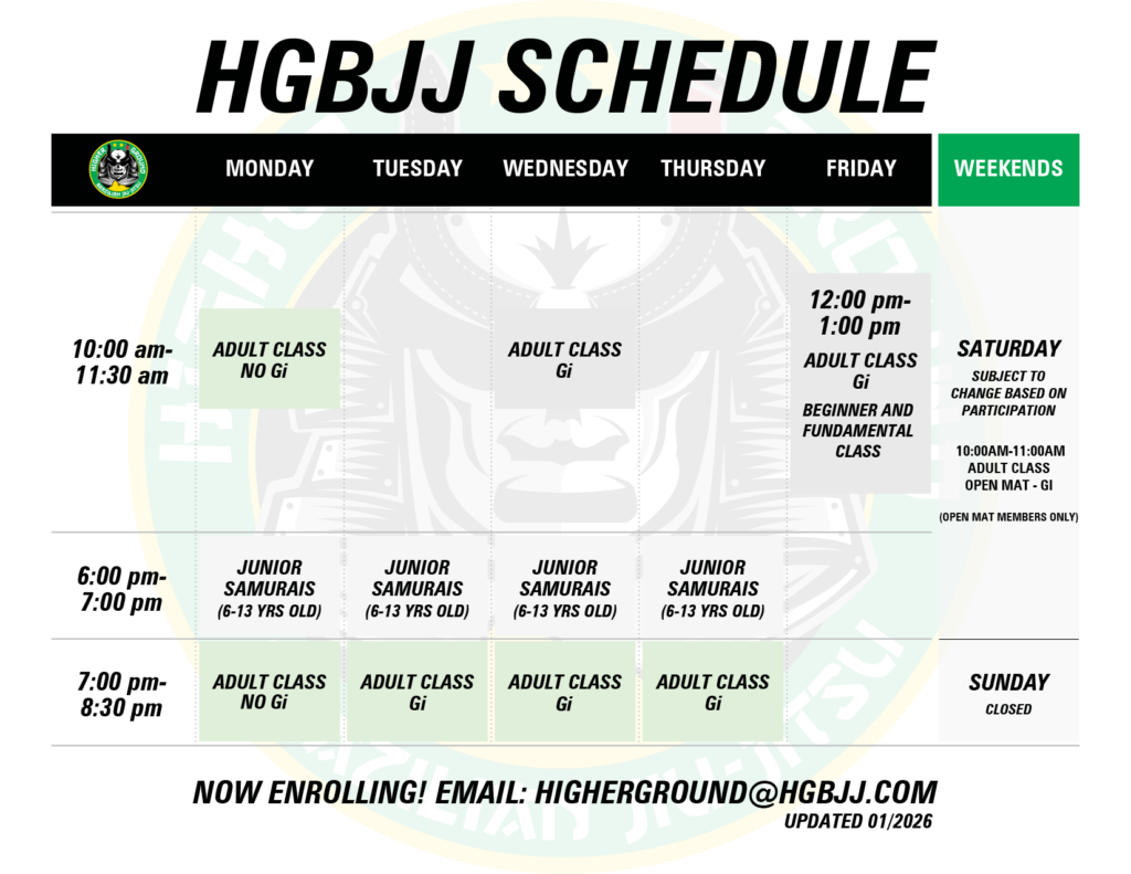 Higher Ground Brazilian Jiu Jitsu Schedule 2026